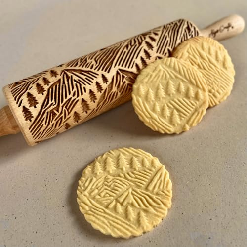 Mattarello Decorativo per Biscotti MONTAGNE | Mattarello Inciso | Rullo per Biscotti e per Modellare | Mattarello Natalizio | Mattarello Legno Goffrato di Algis Crafts