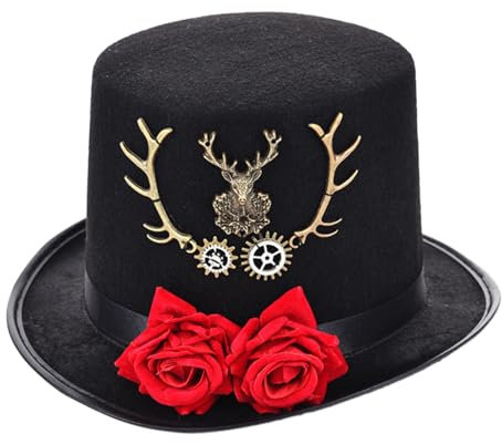 Zkydhbd Filzhut mit flacher Spitze, Steampunk-Ausrüstung, Gothic-Fedora-Hut, Cosplay, Party, Verkleidung, Maskerade-Kostüm, Schwarz , 41