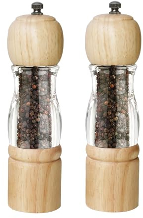 ManGotree Pepper Mill & Salt Grinder Set | Natural Solidwood with Acrylic Visible Window | Salt and Pepper Grinder with Adjustable Coarseness – Perfect for Gourmet Cooking, 8 Inch, 2 Pack (Natural)