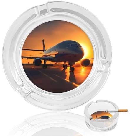 Runder Aschenbecher aus Kristallglas, Motiv: Flugzeug bei Sonnenuntergang, tragbar, transparent, für draußen und drinnen