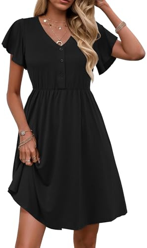 Zeagoo Sommarklänning för damer, kortärmade klänningar, elegant volangklänning, enfärgad V-ringad fritidsklänning, knälång A-linje swing, strandklänning med ficka S–XXL, svart, S