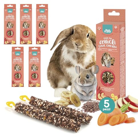 Best Friend - Snack Naturali Cotti al Forno per Conigli, Cavie e Cincillà. Gustosi stick e ricchi di vitamine con legno di betulla per denti sani | Frutta, 5 Pack x 115 g