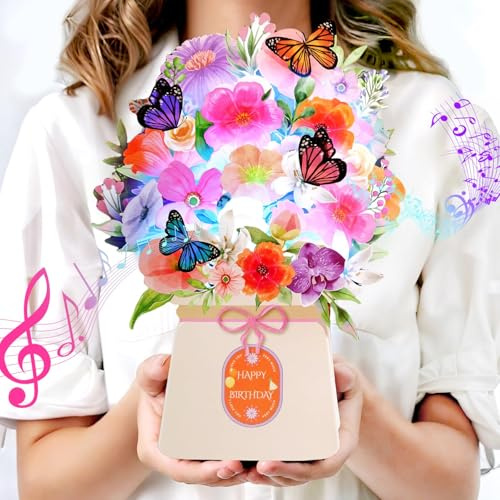 WUJUN Geburtstagskarten mit Musik & Licht, Pop-up Alles Gute zum Geburtstag-Karte, 23cm lebensgroße Ewige Blumenstrauß-Geschenke für Ehefrau, Mutter (Orchidee & Schmetterling)