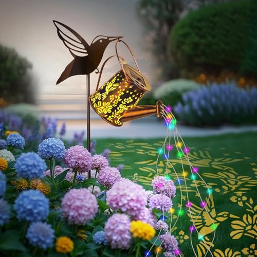 twoonto Solar Lights Garden Decorations, LED Watering Can Light | Waterproof Light with Hummingbird Bracket, Colorful Solar String Lights for Garden Patio Yard Pathway