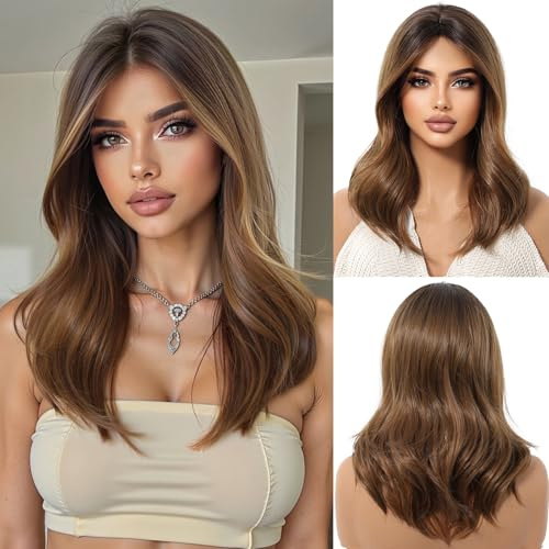 OUFEI Ombre brun peruk för kvinnor med lugg Naturligt rakt lockigt syntetiskt hår Värmebeständiga peruker för daglig fest- och cosplayklädsel