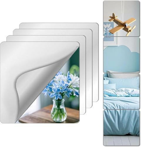 Shatterproof Self Adhesive Wall Mirror Tiles Bedroom,Unbreakable Long Wall Mounted, Acrylic Stick On Decoration, 2.6 MM, 25 x 25 CM x 4 Pcs, Mirrors Safe for Kids Non-Glass Plastic Children