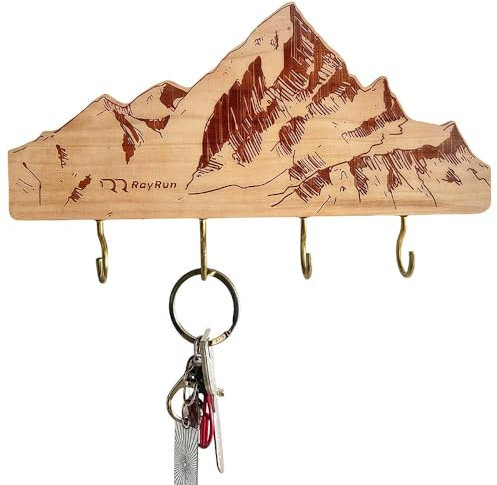 Porte-Clés Mural en Bois Décor Montagne - Organisateur de Clés avec 4 Anneaux - Cadeau Alpiniste