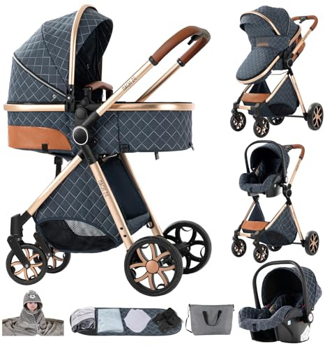 NADDLILY Carrito Bebe 3 en 1, Carrito Bebe con Diseño Portátil Plegable de Un Clic, Carro 3 Piezas Empuje Reversible de Dos Vías, Cochecito Tres Piezas con Accesorios (YV9 Blue)
