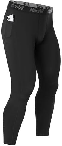 Runhit Men’s Running Leggings with Pockets, Gym Compression Pants Sports Tights, Thermal Base Layer Trousers for Jogging Golf Cycling Black S