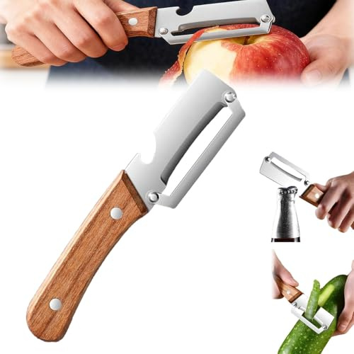 Pelador de verduras multifuncional para cocina, pelador de frutas y verduras 2 en 1 premium 2025 con abridor de botellas y mango de madera, pelador de patatas de una sola hoja de acero inoxidable (1