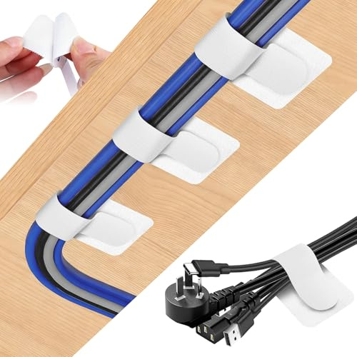 KOVSGQ Kabelbinder Klett Kabelhalter Selbstklebend Kabel Organizer Schreibtisch 50Stk Kabelmanagement Cable Management Kabelclips Kabelklett für Schreibtisch Ladekabeln Nachttisch Büro (Weiß)