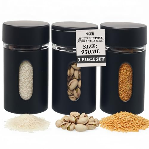 Kitchen Storage Canisters Set – 3x 950ml Tea Coffee and Sugar Canisters with Airtight Screw Top Lid – Kitchen Food Container Organizer with Transparent Window for Tea, Nuts & More
