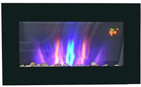 HOMCOM Cheminée électrique Murale 1000/2000 W Effet Flamme LED 7 Couleurs réglables, cheminée décorative avec température 15-30℃, télécommande, minuterie, Protection Anti-surchauffe, Noir
