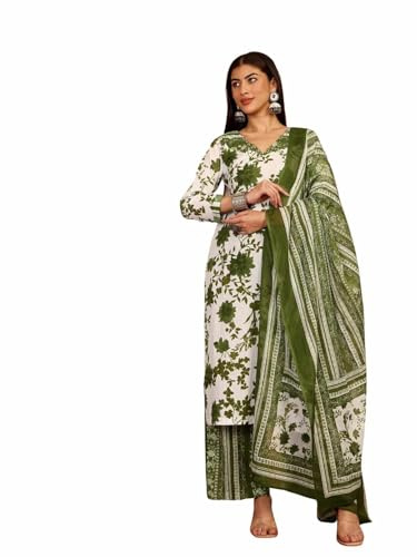 LATIVE COLOURS OF FASHION Women's Traditional Kurta Set with Dupatta, Green Floral Embroidered Cotton Linen, Round Neck, Full Sleeve, 3 Piece (US, Alpha, X-Large, Regular, Regular)
