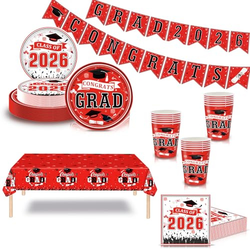 71Pcs Graduation Party Tableware Set for the Class of 2026 -Red Black Congrats Grad Banner,Tablecloth,Paper Plates Napkins Cups Dinnerware Set for 2026 Grads Class Party Table Decor Party Supplies