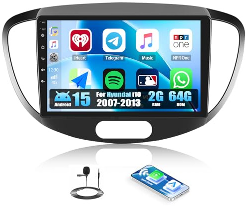 [8-kärnig 2+64 GB] CAMECHO Android-15-bilradio med trådlös CarPlay för Hyundai i10 (2007–2013) med navigering DSP 9-tums 2-DIN-skärm WiFi Bluetooth FM/RDS