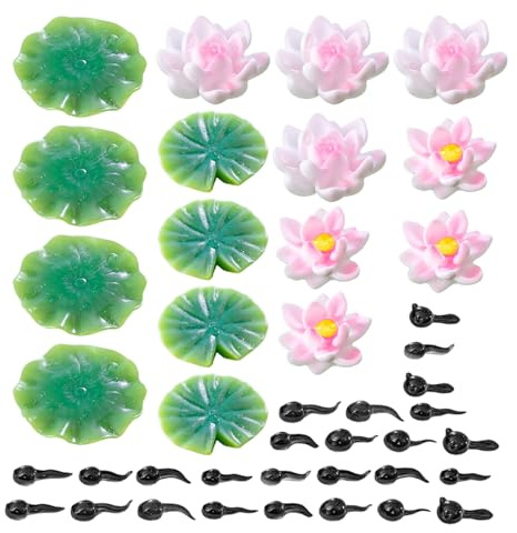 Kisangel Mini Resin Tadpole Figurines and Artificial Lotus Pads Aquarium Décor Set with Water Lily Flowers and Leaves, Floating Fish Pond Decorations for Outdoor Garden and Aquarium