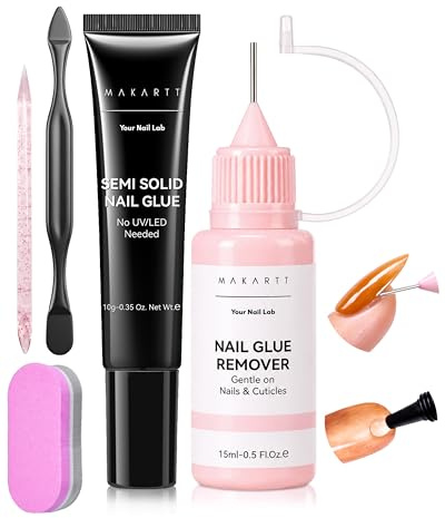Makartt Kit di colla per unghie e dissolvenza, colla gel semi-solido 20 s, senza lampada + solvente preciso, per unghie finte e capsule, facile da principianti, posa e rimozione senza danneggiare