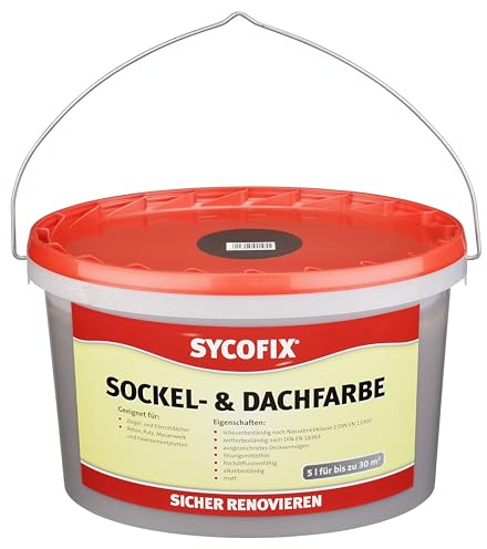SYCOFIX Sockel- & Dachfarbe dunkelbraun 5 Liter, Rissfüllende Betonfarbe, Dachfarbe, Fassadenfarbe, Premium, matt, Sockel-Anstrich, Wetter & UV Beständige Farbe, geeignet für Putz, Mauerwerk und Beton