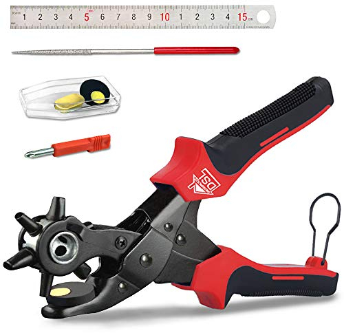 DSL Leather Hole Punch Tool – Heavy Duty Belt Hole Puncher for Leather with Ruler & Spare Parts – Multi-Size Revolving Punch for Belts, Shoes, Bags & Crafts