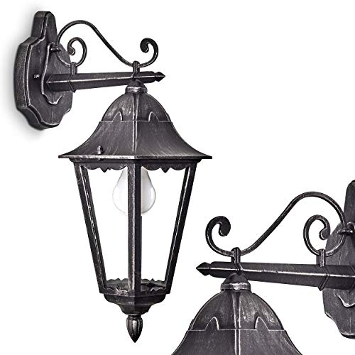 Outdoor Wall lamp Lignac, Wall lamp downwards in Antique Look, cast Aluminium in Black/Silver with Clear Glass panes, Wall Light w. E27 Socket, Outdoor lamp for Terrace and Courtyard, Without Bulb