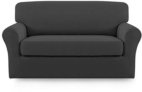 Easy-Going 2 Pieces Microfiber Stretch Sofa Slipcover – Spandex Soft Fitted Sofa Couch Cover, Washable Furniture Protector with Elastic Bottom Kids, Pet (Loveseat, Dark Gray