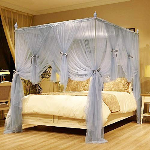 ASDFGH Verschlüsselung Bodenstehende Vier Ecke Moskitonetz Betthimmel, 3-türer Prinzessin Betthimmel Edelstahl Halterung Mit Lichterkette-grau 200x220cm(79x87inch)