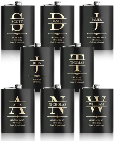 Flasques a Alcool Personnalisés, 8 Pièces Flasques Whisky Inox 304 8oz/227ml Personnalisables, Cadeaux Personnalisés Homme avec Texte pour Témoins du Marié Groomsman, Cadeau de Mariage (Noir)