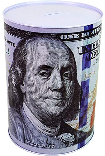 $100 Dollar Bill Piggy Bank 5 7/8 Tall Coin Saving Money Currency Benjamin Franklin Tin Can Banknote Jar (1 Pack, 5 7/8 X 4)