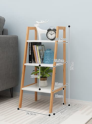 VR7 3/4 Tier Wooden Ladder Shelf Rack Bookcase - Plant and Flower Display Unit Storage with White Shelves for Living Room Bedroom (3 Tier)