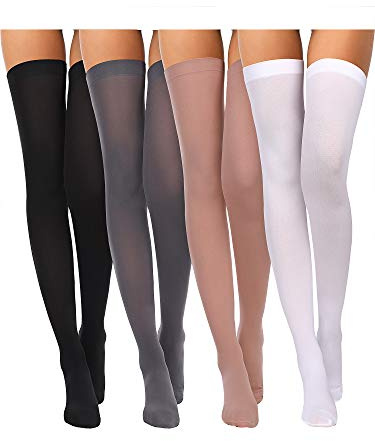 Boao 4 Pcs Thigh High Stockings, Classic, Black, White, Skin, Grey, Large