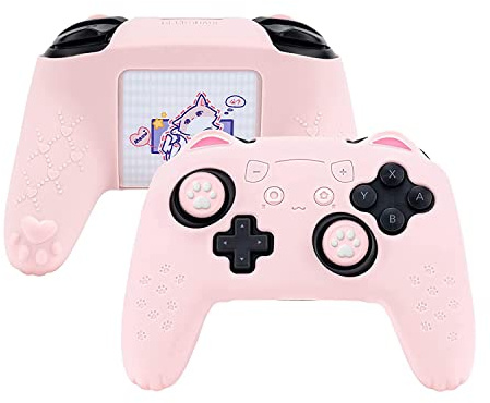GeekShare Pink Cat Paw Controller Skin Grips Set Kompatibel mit Nintendo Switch Pro, Anti-Rutsch-Silikon-Schutzhülle, Joystick-Kappen für Switch Pro Wireless Controller