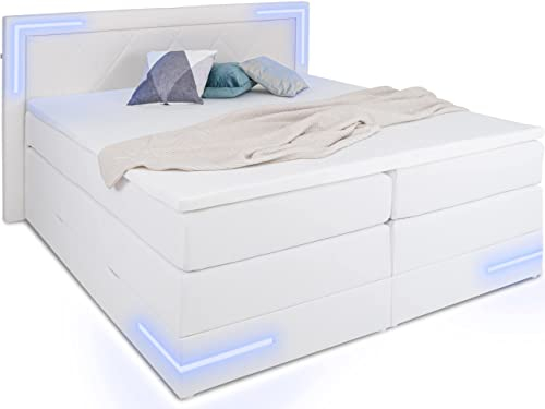 wonello Boxspringbett 180x200 mit Bettkasten und LED-Beleuchtung - gemütliches Bett mit LED Beleuchtung - Stauraumbett 180 x 200 cm mit Matratze und Topper - weiß Kunstleder