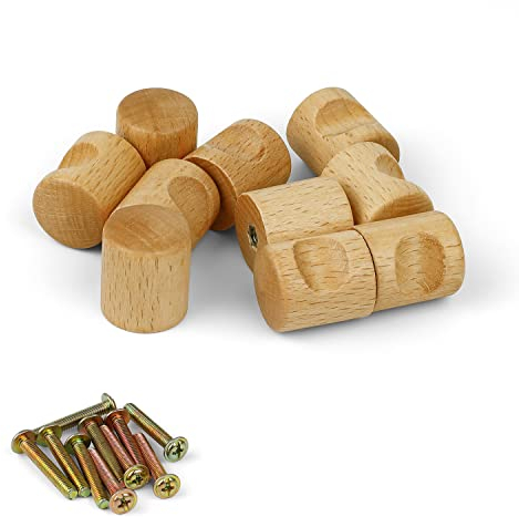 GEBAUM 10 Stück Möbelknöpfe holz, Satz Schrankknöpfe Mit Schrauben, Holz Schubladengriffe, Leicht zu Reinigen, Natürliches Birkenholz, für Kleiderschränke und Schubladen