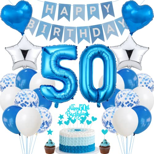 Blue & Silver 50th Birthday Cake Decoration - Men & Women, Party Decoration