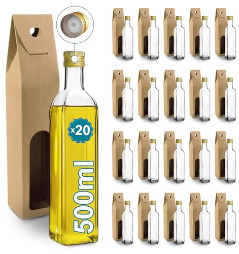 Espirito Rebelde 20 Botellas de Cristal 500ml con Tapón de Rosca Dorado con Boquilla Vertedora + 20 Cajas - Aceite de Oliva, Vinagre, Alcohol, Salsas - Aceitera de Cristal