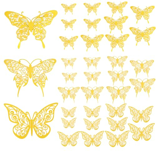 3D Schmetterlinge Gold metallic Deko, 36 Stück Schmetterlinge Dekoration Wandtattoo, für Mädchen Küche Fenster Möbel Hochzeit Party Wand-Tisch-Deko Geschenke Wohnzimmer Kinderzimmer Hochzeit(Gold)