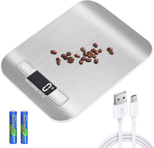 Báscula de Cocina Digital Pesa Comida, 10 kg/1 g, Recargable por USB, con Pantalla LCD y Función de Tara, Profesional con Cable de Carga, Color Plateado y Blanco