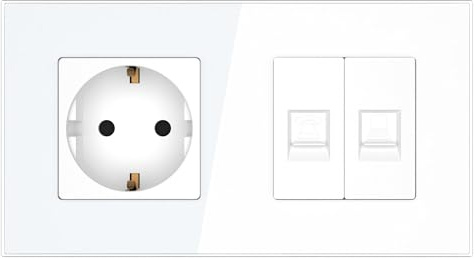 PULSAR Anschlussdose mit Steckdose Weiß 2 Fach Glas, Telefondose Unterputz mit CAT5E Internet Steckdose Netzwerk LAN Dose Geschirmt Datendose zum Anschluss von PC, Computer, Laptop, etc.