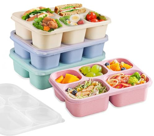 Toivize 4 Pack Bento Snack Boxes, Snack Box with 5 Compartments Reusable Divided Food Storage with Transparent Lid Bento Lunch Box for School Travel Work (Green/Blue/Pink/Beige)