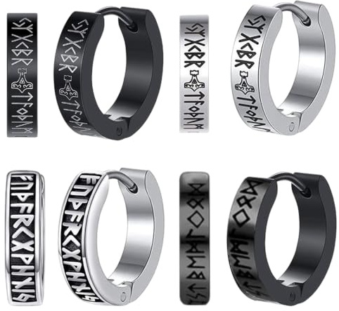 4 Paires Viking Homme Boucle d'Oreille Runes Nordiques Créoles Acier Inoxydable Boucle d'Oreille Homme Créole Petit Anneau 1,2 cm Boucles d'oreilles Noir Argent Piercing Oreille Männer Femme (Set B)