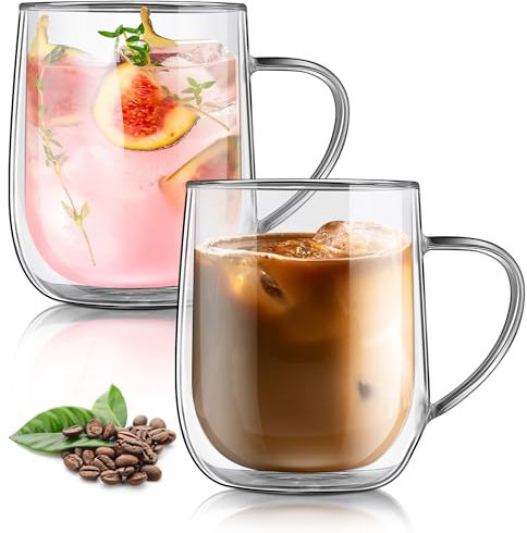 Joeyan Large Clear 450ml Double Walled Glass Coffee Latte Cappuccino Tea Mugs, 2 Layer Insulated Cup for Hot Cold Drinks, Thermal Drinking Glasses with Handle for Mulled Wine Beer Chocolate, Set of 2