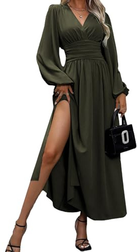 LUVCES Kleid Damen Elegant V Ausschnitt Plissiert Hohe Taille Langes Wickelkleid Laternenärmel Seitenschlitz Maxikleid für Damen Armeegrün L