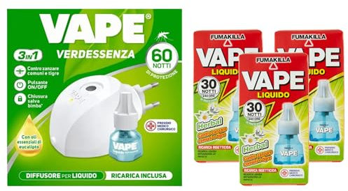 SET ANTIZANZARE: Diffusore Per Liquido VERDESSENZA Con Ricarica Inclusa, 60 Notti, Con Olio Essenziale Di Eucalipto + 3x Ricarica Liquida 30 Notti, Herbal 15ml Per Zanzare Comuni e Tigre