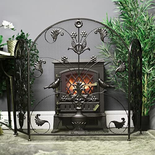ASumPio Handgefertigter Funkenschutz Für Kamine, 124 X 83 cm, Kaminschutz Für Wohnzimmer, Gitter Aus Schmiedeeisen Für Den Ofen, Antik-Finish Im Used-Look,
