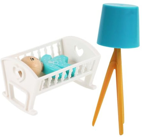 TOYANDONA Miniatur Puppenbett Satz mit Puppenwiege Kleiner Kinderbett Puppenhausmöbel Inklusive Kleiner Stehlampe und Schlafzimmer Dekoration für Puppenhaus Babyzimmer Zubehör