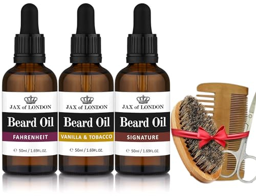 Jax of London Three 50ml Aftershave Bartöl für Männer Combo mit Wildschweinborsten Bartbürste und Schnurrbartschere Geschenkset für die tägliche Pflege der Männer Fahrenheit, Signature, Vanille &