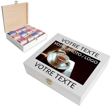 Creative Deco Große Teebox Holz Weiß Personalisierte Geschenke Text + Foto | Wunschtext | Fotogeschenke Teekiste 12 Fächer | Dein Eigenes Bild Geschenkkiste Geschenkbox für Frauen, Männer, Teeliebhaber