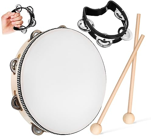 Vaguelly Handwerkskunst Tamburin-set 1 Handtrommel 2 Holzschlägel Schwarzes Einreihiges Tamburin Musikinstrumente