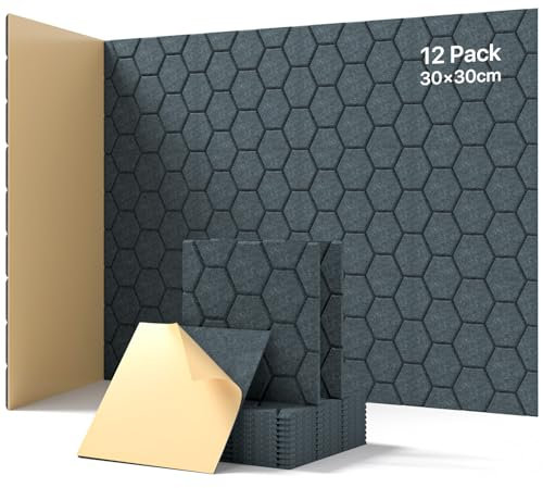 Soundsbay Sound Proofing Panels, Self-Adhesive Acoustic Wall Panels 12 Pack High Density Acoustic Panels for Recording Studios, Gaming Room, Office, Live Streaming 30x30x0.9cm